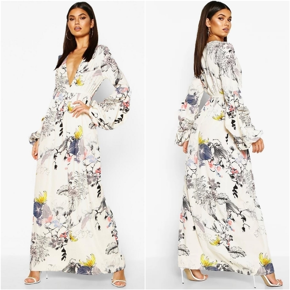 NWOT MIMI FLORAL PRINT V NECK RUCHED SLEEVE FLOUNCY BOHO MAXI DRESS